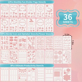 Augshy 36 Pcs Journal Stencils Time Saving Planner Accessories with Storage Chain for Painting with Monthly/Weekly/Daily Calendar, Letter Stencils, DIY Drawing Templates