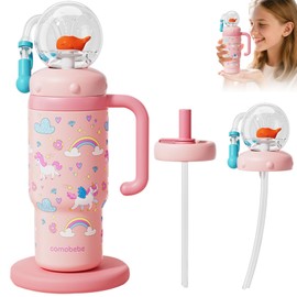 Comobebel Whale Fountain Tumbler With Handle, 2025 Drinking Cup with Whale Squirt for Kids, Insulated Stainless Steel Travel Mug Cute Printed Water Bottle with Lid and Straw and Leak-Proof (unicorn)