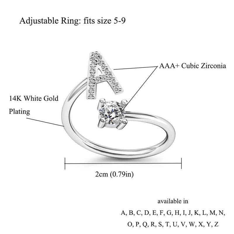 Yifnny Alphabet Ring, Initial Ring 26 Alphabet Inlaid Cubic Zirconia