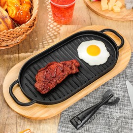 Yiyiring 2 Sets Cast Iron Fajita Skillet Pan Set Sizzling Steak Plate with Wooden Base and Removable Handle Cast Iron Grill Frying Pan Server Plate for Home Restaurant Kitchen Cooking Accessory