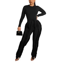 Women's Ruffle 2 Piece Jumpsuit Outfits Long Sleeve Tops Fringe Pants Set Casual High Waist Bodycon Tassels Pants Sets Black
