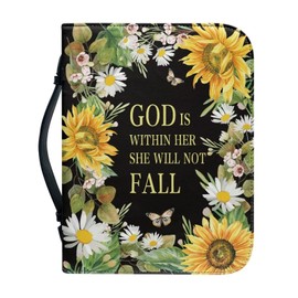 Buybai Sunflower Bible Cover for Women with Handle and Zippered High Capacity Leather Church Bag Size L,God is Within Her She Will Not Fall,Floral Bible Case Holder with Ribbon Bookmark