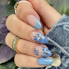 KTAABTR Nails Flowers Press on Nails Medium Almond Shape Fake Nails Glue on Nails Blue Glitter Glossy Acrylic Nails Design Full Cover Solid Color False Nails for Women DIY Manicure Decoration