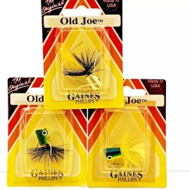 Gaines Vtg New Gaines Old Joe With Legs Handmade USA Cork Flyrod Popper Bug Size 8 Hook - 1224RL8 - Pearl/Black Hackle/Yellow Streamers