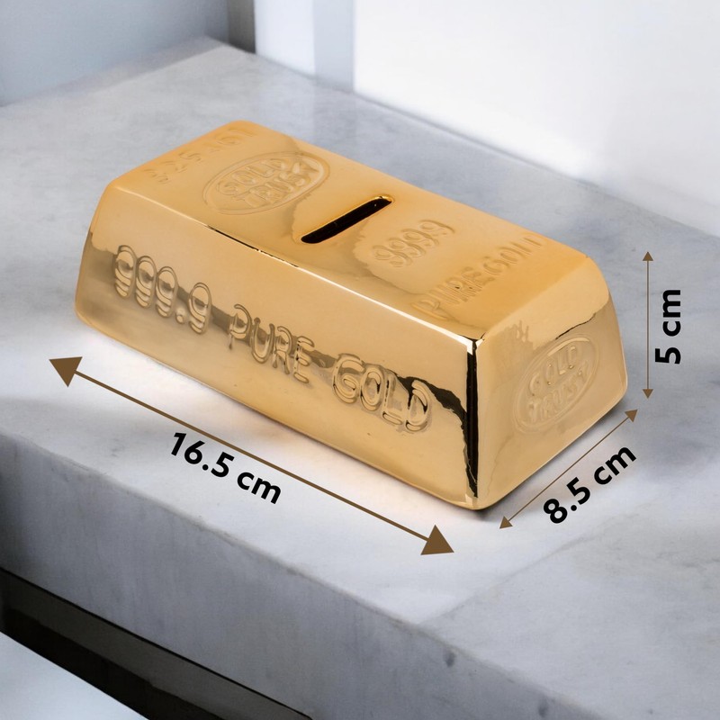MIJOMA Money Box with Lock - Gold Bar Design, Ceramic,