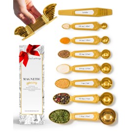 White and Gold Measuring Spoons with Leveler - Featuring 8PC Upgraded Style, Dual-Sided, Stackable, Stainless Magnetic Measuring Spoons Set - Fits in Spice Jars, White and Gold Kitchen Accessories