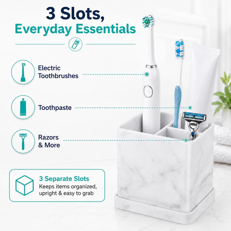 Silicone Toothbrush Holders for Bathrooms, 3 Slots Unbreakable Marble Countertop