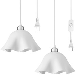 OmiSun Plug in Pendant Light, 2 Pack Hanging Lights with Plug in Cord, Hanging Lamp with15Ft Cord, On/Off Switch, Frosted Plastic White Shade, Plug in Hanging Ceiling Lights for Bedroom, Living Room