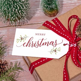 JarThenaAMCS 120 Pcs Merry Christmas Paper Gift Tags Double-Sided Watercolor Xmas Tree Holly Hanging Present Name Label Tags with Hemp Rope for Xmas Holiday Party Favor Decoration Supplies