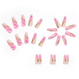 CUZIAM Pink Ombre Press on Nails Long Coffin, Pink Mirror Gold Marble Design Ballerina Artificial Nails for Women, 24pcs Reusable Glossy Full Cover Stick on Fake False Nails with Glue