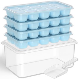 DOQAUS Ice Cube Tray with Lid and Bin, 4 Pack Silicone Plastic Ice Cube Trays for Freezer with Ice Box for Baby Food, Ice Trays with Ice Container, Stackable Ice Tray with Storage Ice Bucket Kits
