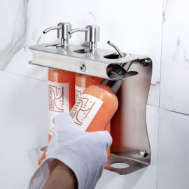 AIREMOEN Brushed Silver Shampoo, Conditioner, Body Wash Dispenser Eco-Friendly 3 Compartment Refillable Shampoo and Conditioner Pump Bottle, Wall Mounted Slot Shower Soap Dispenser (KCLS-3)