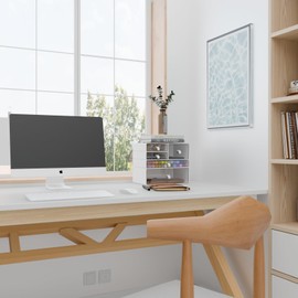 Yashong Desk Organizer Set, White & Clear Stackable Dustproof Storage Boxes for Desktop, Office, Bathroom, DIY Craft & Vertical Space Saving, Perfect for Makeup, Stationery Organization (5 Drawer)