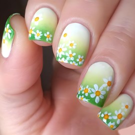 Green Press on Nails Square Fake Nails Flower with Gradient Design Short False Nails Full Cover Acrylic Artificial Nails Glossy Glue on Nails Stick on Nails for Women Manicure Decoration 24Pcs