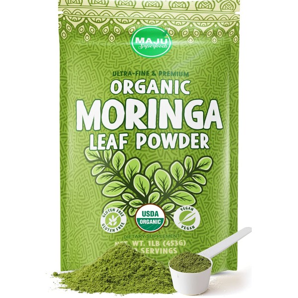 MAJU's Organic Moringa Powder (1 Pound), Oleifera Leaf, Extra-Fine Quality, Dried Drumstick Tree Leaves, For Tea, Smoothies, Food-Grade