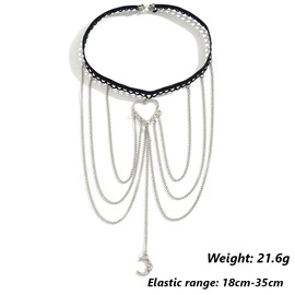 CABODYALS Silver Tassel Moon Heart Body Chain Crossover Boho Black Lace Layered Thigh Festival Rave Punk Goth Bikini Cross Summer Elastic Layer Leg Body Chain for Beach Parties Women Jewelry
