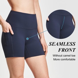 Baleaf - Pantalones cortos de motociclista para mujer, yoga, gimnasio, entrenamiento, elastano, correr, voleibol, control de abdomen, compresión con bolsillos, suave, 5 pulgadas, azul, XS, Azul-más