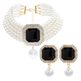 Pearl Choker Necklace for Women Gold Crystal Rhinestone Pearl Collar Statement Necklaces Earrings Bridal Pearls Diamond jewelry Set for Wedding