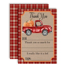 Red Watercolor Pickup Truck Full of Pumpkins Fall & Autumn Thank You Notes, Ten 4" x 5.5" Fill In The Blank Cards with 10 White Envelopes by AmandaCreation