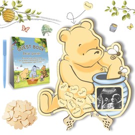 Haoyu Winnie Baby Shower Decorations, Pooh Party Guest Book for Boys Girls, Bear Guest Book with Photo Frame 60 Heart Wood Slices Baby Sonogram Frame Keepsake for Baby Shower