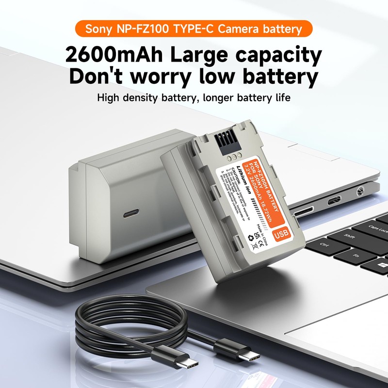 NP-FZ100 Batteries 2-Pack 2600mAh, Type-C Charging Port for Sony A7iv,