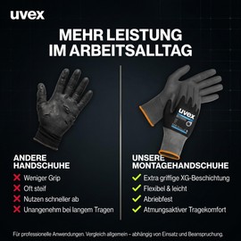 Uvex phynomic XG 5 Pairs - Assembly Gloves, Protective Glove, Work Gloves - Extra Grip, Durable & Sensitive - Black, Grey - Size 08/M