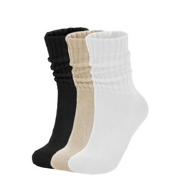 Turnozyl Women's Slouch Crew Socks Retro Solid Scrunch Boot Socks Chunky Ribbed Cozy 3-Pack Cotton Crew Socks Size 5-11 Black&White&Beige