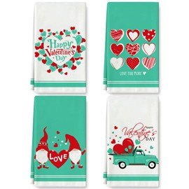 AnyDesign Valentine's Day Kitchen Towel Red White Dish Towel 18 x 28 Inch Love Heart Gnome Truck Valentine Hand Drying Tea Towel for Wedding Anniversary Cooking Baking, Set of 4