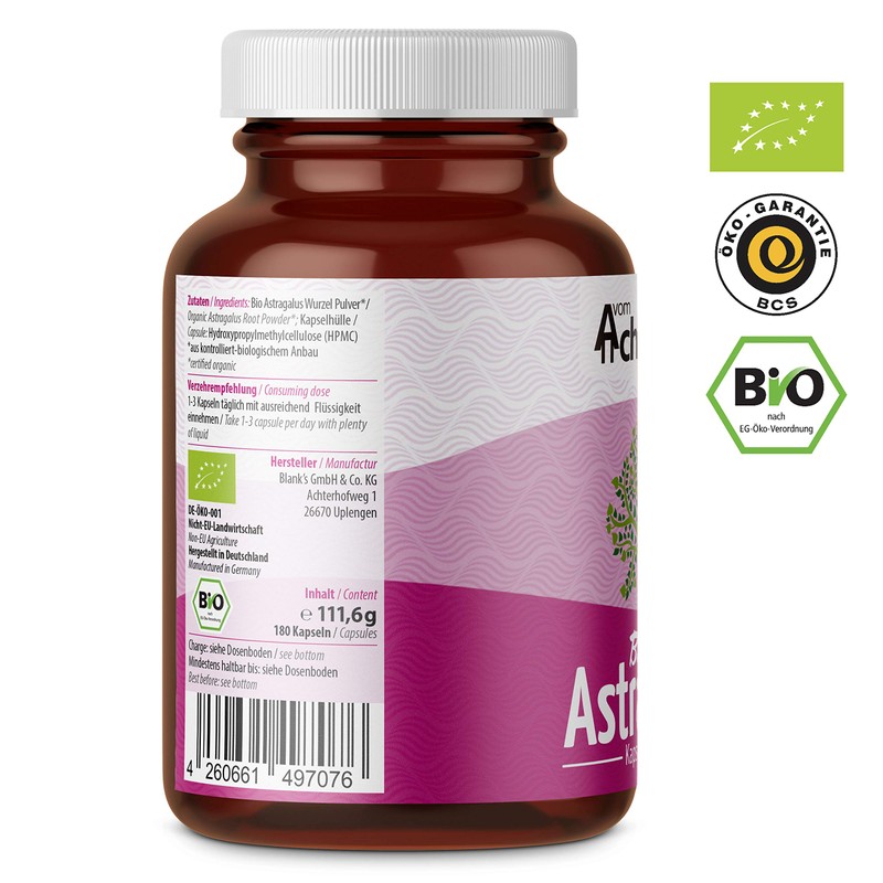 Astragalus Organic Capsules, Pack of 180, High Dose with 500