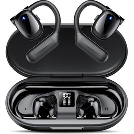 Open Ear Bluetooth 5.3 Earbuds,Wireless Headphones Sport Over Earphones Built-in 4 Mic with Ear Hooks 75H Playtime,Bluetooth Ear Buds with LED Digital Display,IPX5 Waterproof for Running Fitness/Black