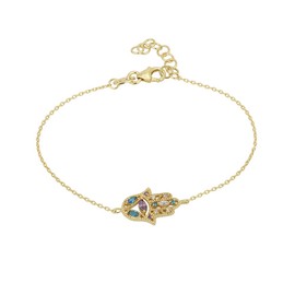 Vanbelle 18K Gold Plated Jewelry - Studded Hamsa Bracelet with Multi Color Cubic Zirconia stones - Beautifully Handcrafted for Women - 6.5" + 1" Extender
