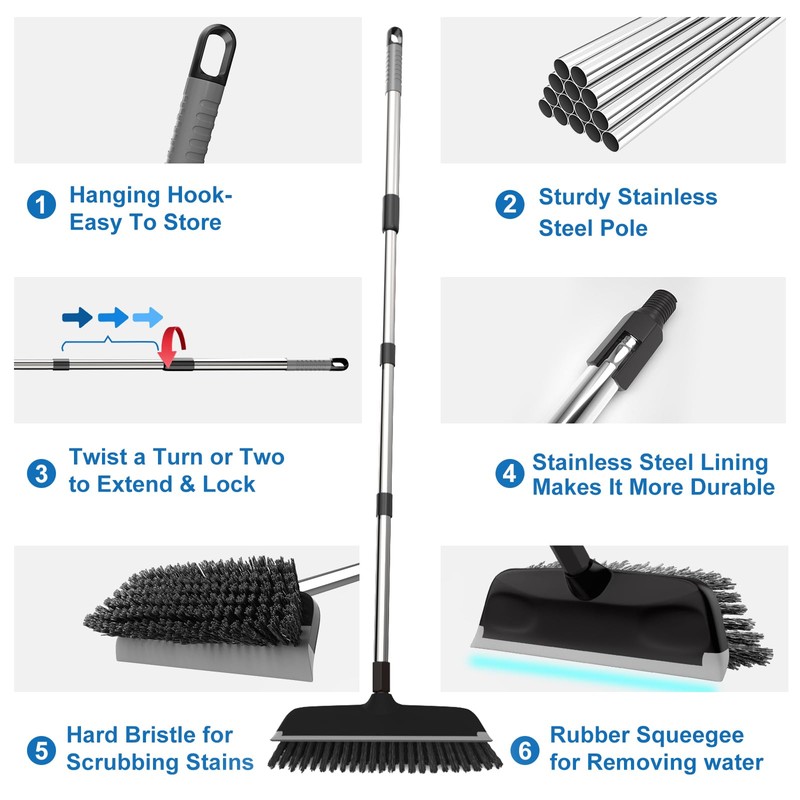 ITTAR Scrub Brush with Long Handle, 10" Wide Stiff Bristles