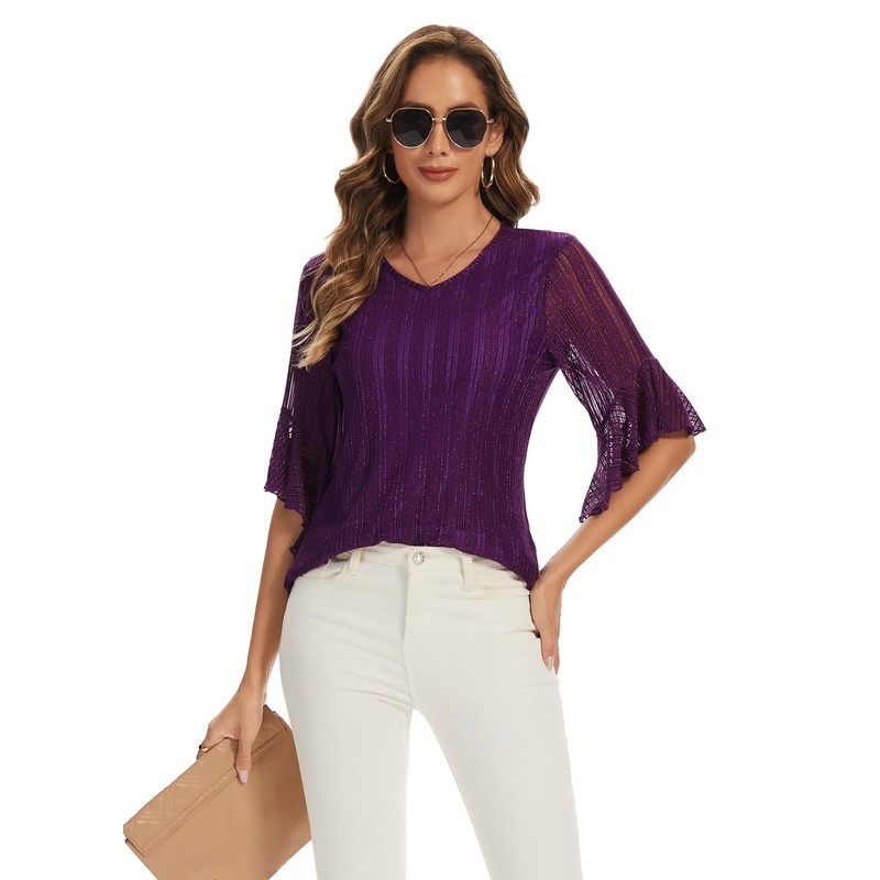 Women's 3/4 Sleeve Tops Sparkly Dressy V Neck Blouse Glitter
