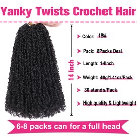 Unionbeauty 14 Inch Yanky Twist Crochet Braids Hair 8Packs Natural Black Pre-twisted Micro Passion Twist Crochet Hair Pre-looped Micro Spring Twist Crochet Braids Synthetic Crochet Hair Extensions 1B#