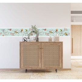 GB30011g8 Grace & Gardenia Birds in PInes Peel and Stick Wallpaper Border 8in Height x 18ft Long, Blue White Pink Yellow