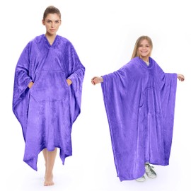 Poncho Blanket Comfy Plush Fleece Wearable Blanket for Adult Women Men Kids Throw Wrap Cover Indoors or Outdoors, 55''x 80'' Purple