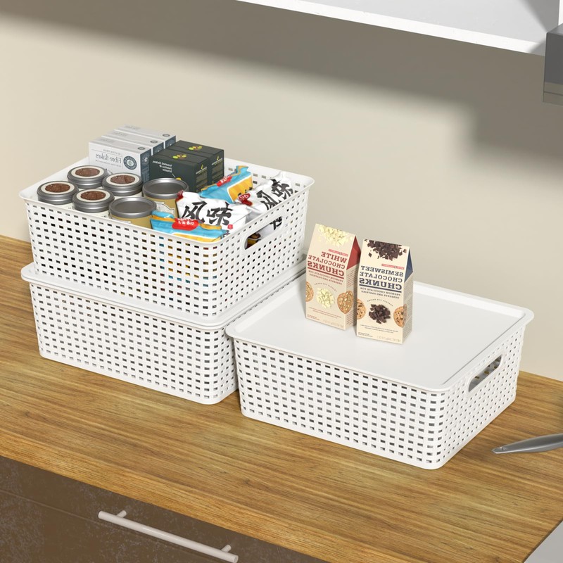 Kekow 6-Pack Plastic Storage Baskets with Lid, Organizer Bins, White