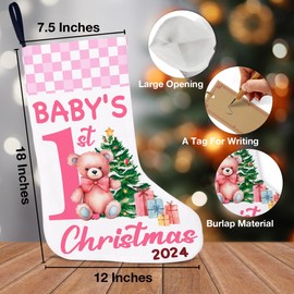 HOIJAUMAI Baby’s First Christmas Stocking 2024 Gifts for Baby Girl Newborn Pink Buffalo Plaid Xmas Stocking for Fireplace Stairs Wall Hanging Xmas Home Decor 18 x 12 Inches