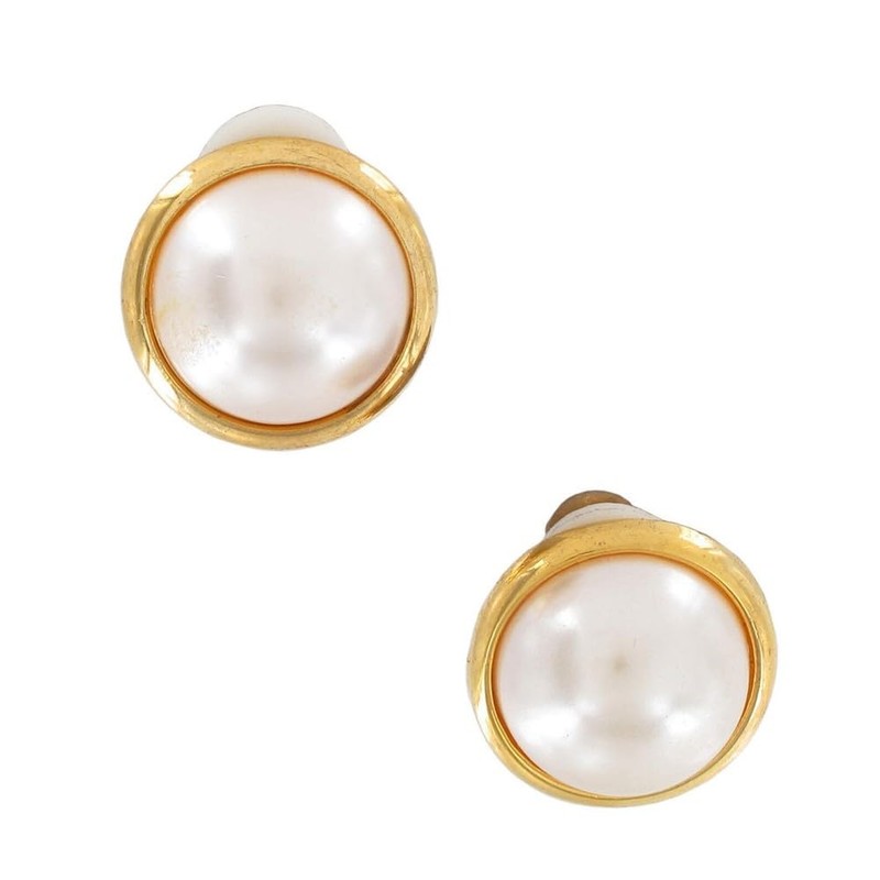 Classic White Faux Pearl Clip On Earrings Button Gold Tone