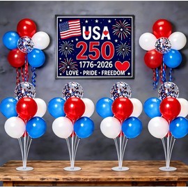 JOYYPOP 4th of July Balloon Centerpieces for Tables 4 Sets Balloon Stand Kit with 40 Red White Blue Confetti Balloons Patriotic 250th Anniversary Independence Day Table Decorations