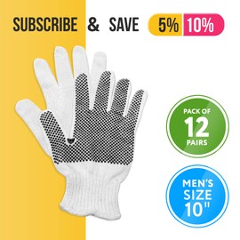 ABC PVC String Knit Work Gloves 10 Size Pack of 12 Safety Work Gloves White Color with Black Dots. Coton Gloves for Warehouse Gardening Construction. Gloves for Work One Side Dotted and Breathable