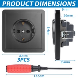 LongZYU Pack of 3 Sockets, Single Flush-Mounted Single Socket, Black, 250 V, 16 A, Protective Contact Socket, 1-Way Wall Socket Set with Increased Touch Protection, 84 mm, for Bedroom, Kitchen, Living