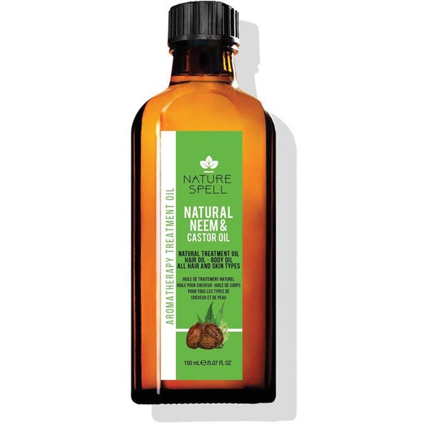 Nature Spell Neem & Castor Oil for Hair & Skin 150 ml – Pure and Natural Neem Oil and Castor Oil for Healthy Shiny Hair - Body Oil to target acne and dry skin – Made in the UK