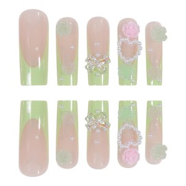 Press On Nails - Long Square Fake Nails, 3D Flower Rhinestone, French Tip Coquette Acrylic, 24Pcs Full Cover False Nails (Pink-13, style-13)