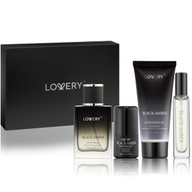 LOVERY Dads Gifts - Black Amber Mens Perfume 4 in 1 Deodorant & Cologne Gift Set - 4pc Mens Cologne Set - Parfum, Antiperspirant Deodorant Stick, Aftershave Gel, Masculine Birthday Perfumes for Men