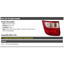 Rear Left Driver Side Outer Tail Light Assembly - Compatible with 2011-2013 Honda Odyssey (Mounted On Body)