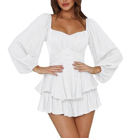 LYANER Women's Jumpsuit Lantern Long Sleeve Ruffle Layer Tie Mini Short Romper Solid White XX-Large