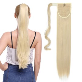 Bleach Blond Ponytail 23inch Hair Extension Wrap Around Ponytails Clip in on Pony Tail Synthetic Straight Hairpiece