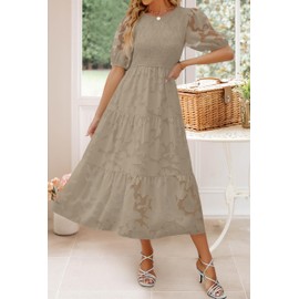 ZESICA Women's 2025 Summer Short Puff Sleeve Crewneck Smocked Floral Lace Flowy A Line Tiered Maxi Dresses,Almond,Large