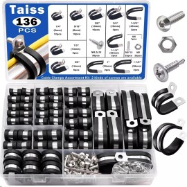 Taiss 136PCS Cable Clamps Assortment Kit,10 Sizes 304 Stainless Steel Rubber Cushion